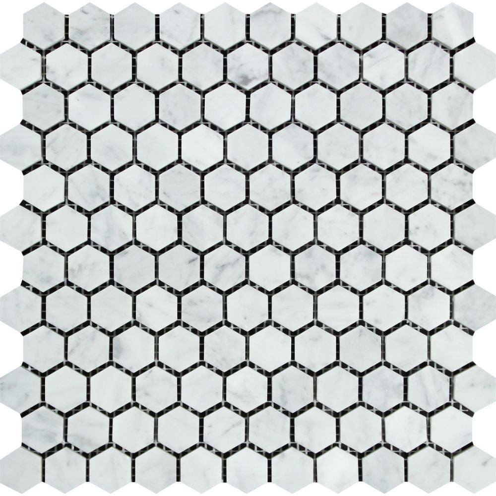 1 x 1 Honed Bianco Carrara Marble Hexagon Mosaic Tile Sample - Tilephile