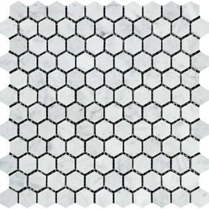 1 x 1 Honed Bianco Carrara Marble Hexagon Mosaic Tile - Tilephile