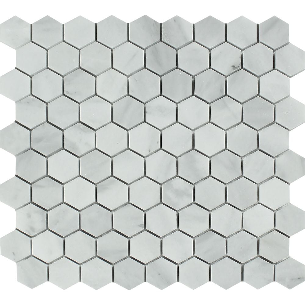 1 x 1 Honed Bianco Mare Marble Hexagon Mosaic Tile Sample - Tilephile