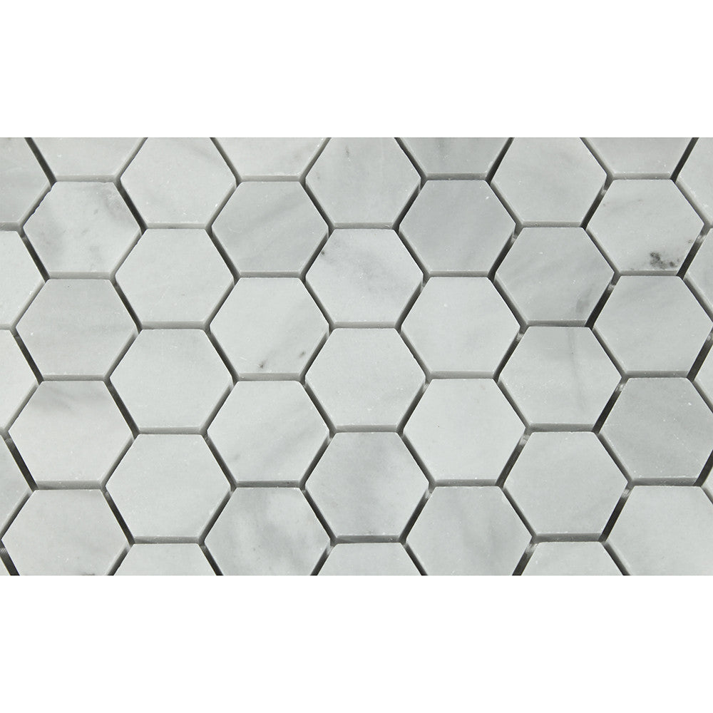 1 x 1 Polished Bianco Mare Marble Hexagon Mosaic Tile - Tilephile