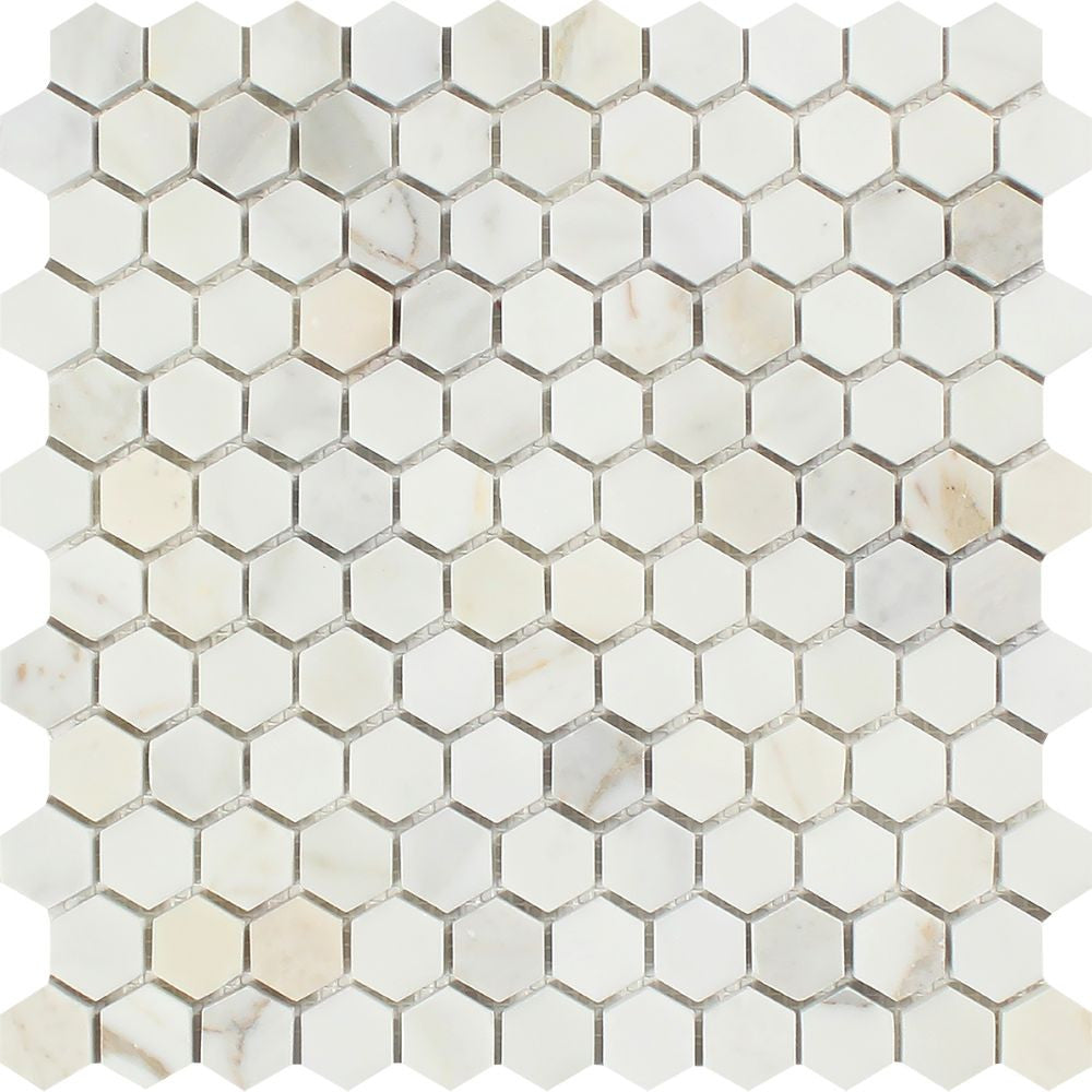 1 x 1 Honed Calacatta Gold Marble Hexagon Mosaic Tile Sample - Tilephile