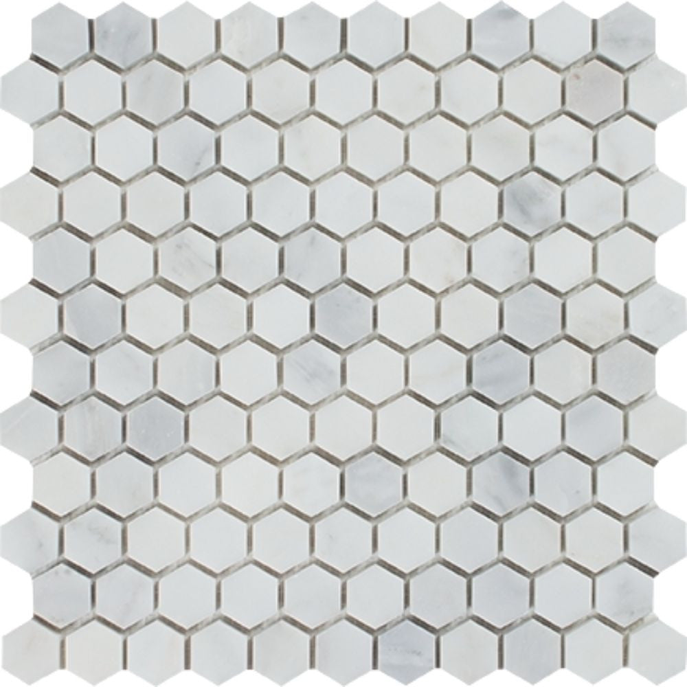 1 x 1 Honed Oriental White Marble Hexagon Mosaic Tile Sample - Tilephile