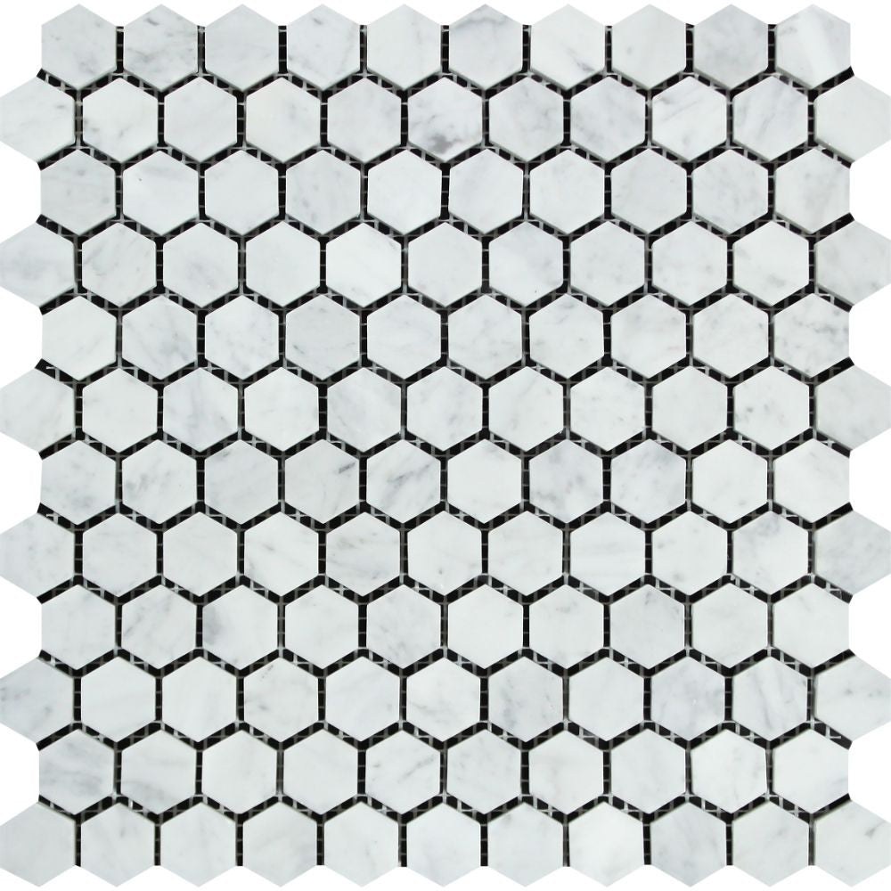 1 x 1 Polished Bianco Carrara Marble Hexagon Tile Mosaic - Tilephile