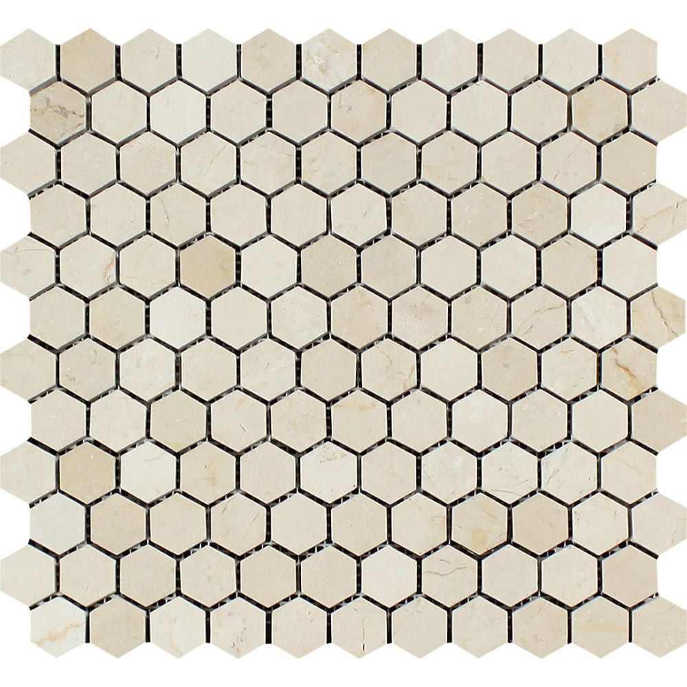 1 x 1 Polished Crema Marfil Marble Hexagon Mosaic Tile Sample - Tilephile