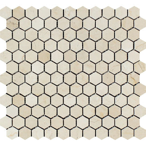1 x 1 Polished Crema Marfil Marble Hexagon Mosaic Tile - Tilephile