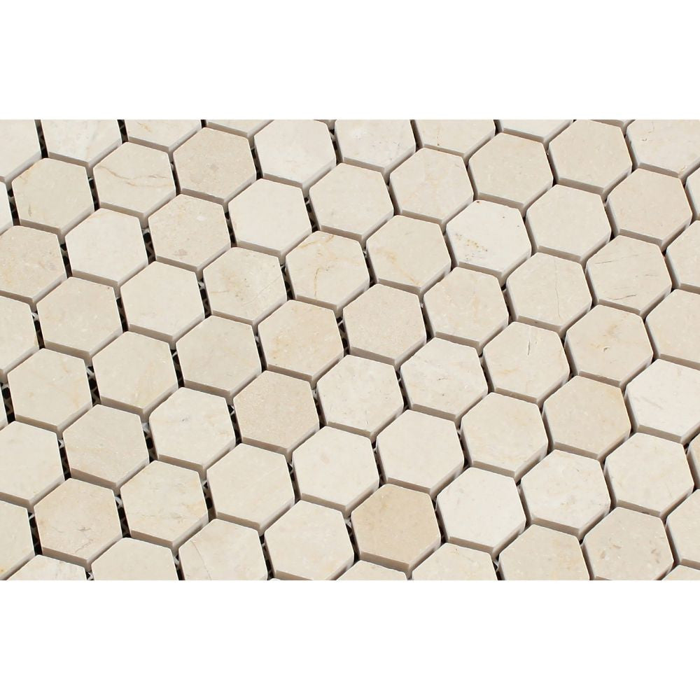 1 x 1 Polished Crema Marfil Marble Hexagon Mosaic Tile - Tilephile