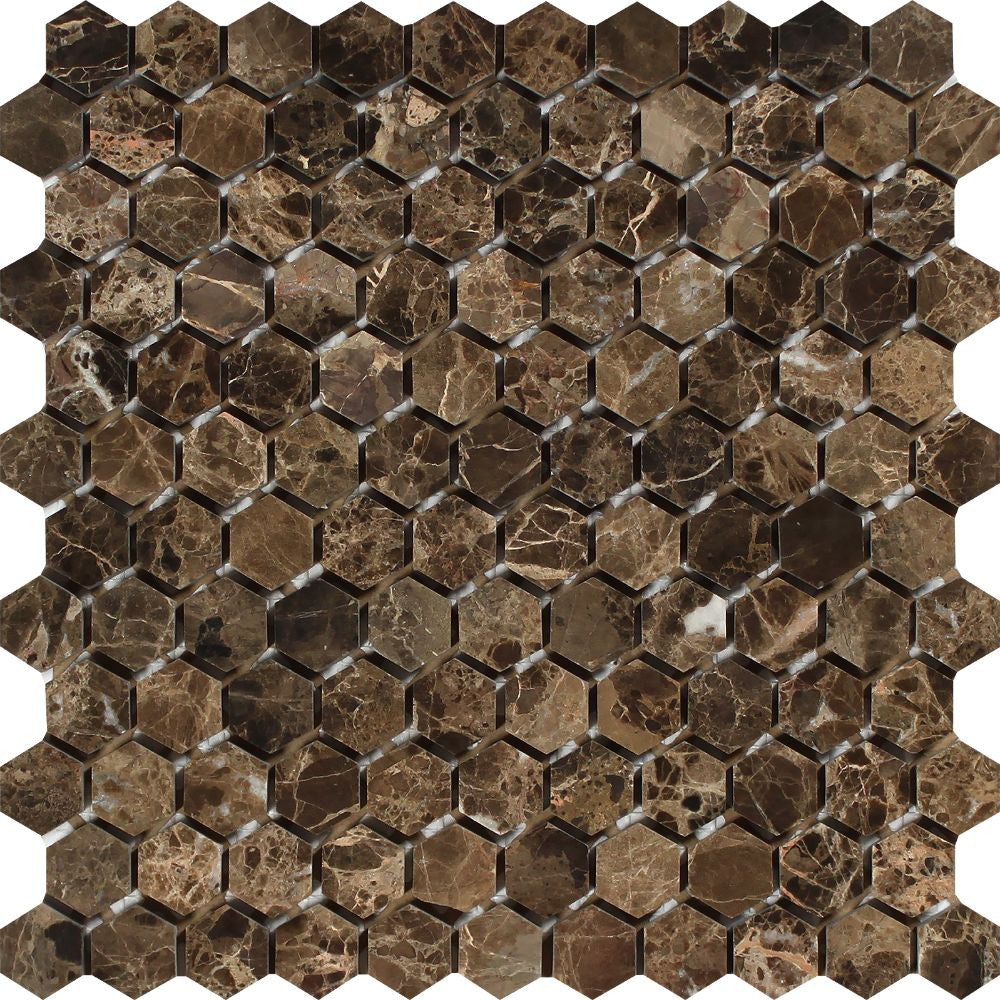1 x 1 Polished Emperador Dark Marble Hexagon Mosaic Tile - Tilephile