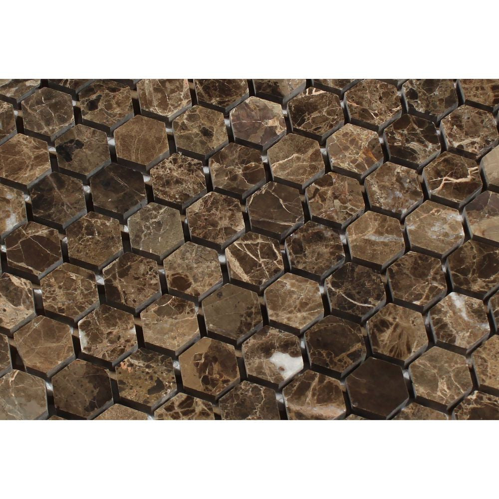1 x 1 Polished Emperador Dark Marble Hexagon Mosaic Tile - Tilephile