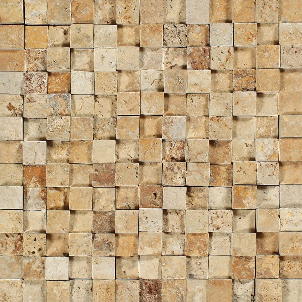 1 x 1 Split-faced Gold Travertine 3-D Mosaic Tile Sample - Tilephile