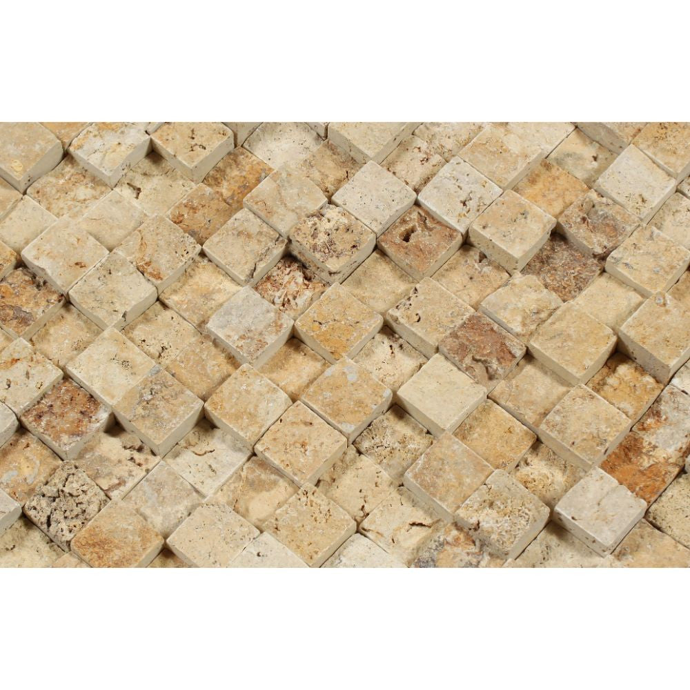 1 x 1 Split-faced Gold Travertine 3-D Mosaic Tile - Tilephile