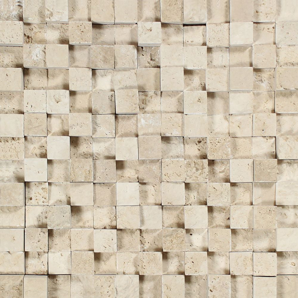 1 x 1 Split-faced Ivory Travertine 3-D Mosaic Tile - Tilephile