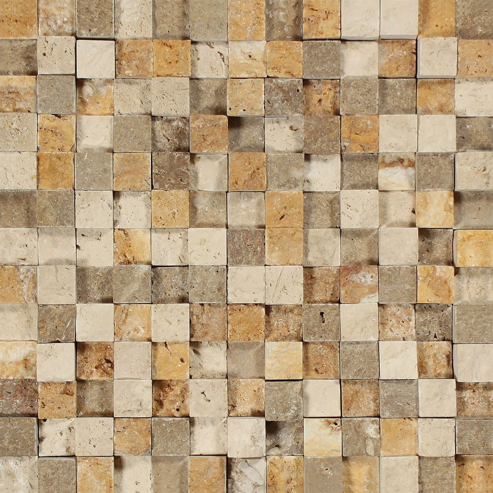 1 x 1 Split-faced Mixed Travertine 3-D Mosaic Tile (Ivory + Noce + Gold) Sample - Tilephile