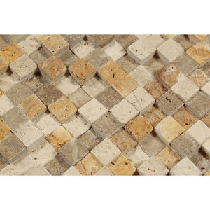 1 x 1 Split-faced Mixed Travertine 3-D Mosaic Tile (Ivory + Noce + Gold) - Tilephile