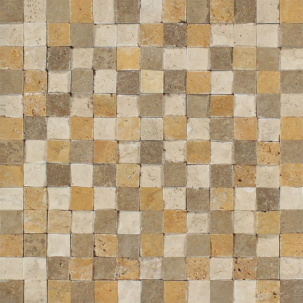 1 x 1 Split-faced Mixed Travertine Mosaic Tile (Ivory + Noce + Gold) Sample - Tilephile