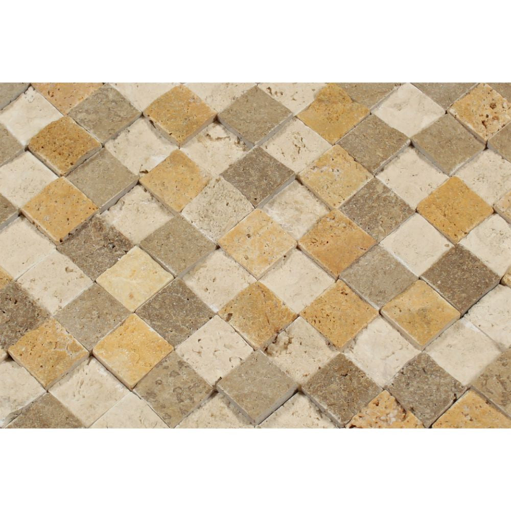 1 x 1 Split-faced Mixed Travertine Mosaic Tile (Ivory + Noce + Gold) - Tilephile
