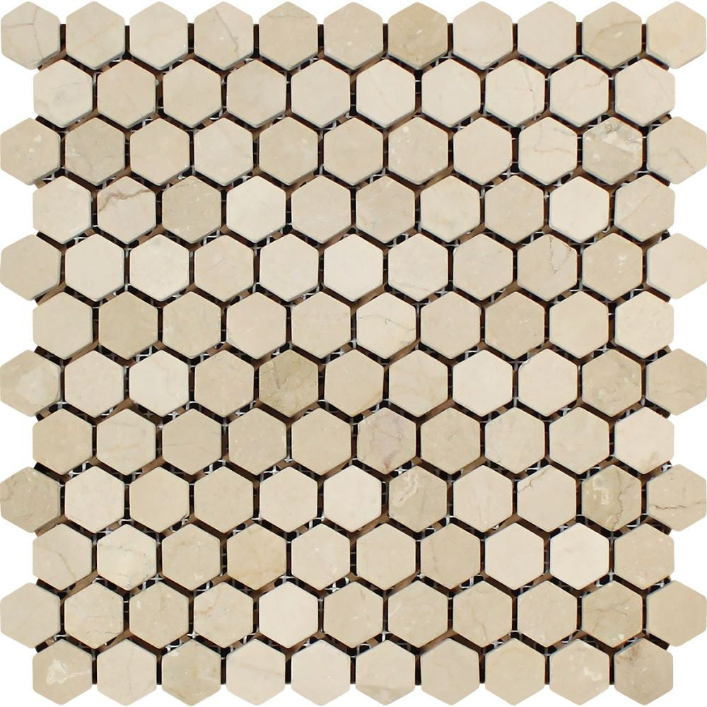 1 x 1 Tumbled Crema Marfil Marble Hexagon Mosaic Tile Sample - Tilephile