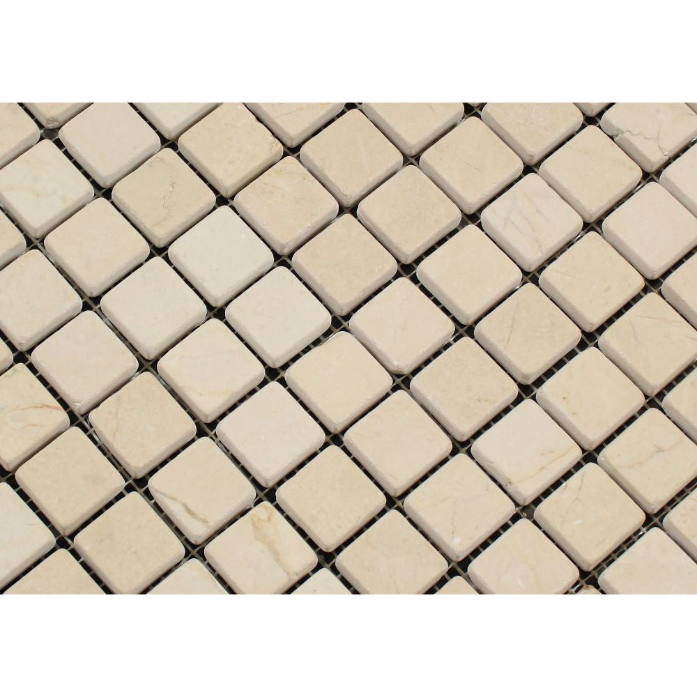1 x 1 Tumbled Crema Marfil Marble Mosaic Tile - Tilephile