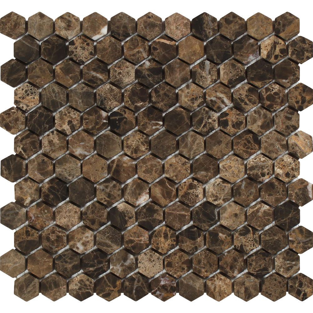 1 x 1 Tumbled Emperador Dark Marble Hexagon Mosaic Tile - Tilephile