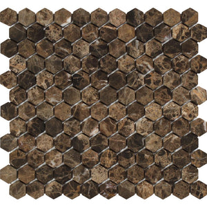1 x 1 Tumbled Emperador Dark Marble Hexagon Mosaic Tile - Tilephile