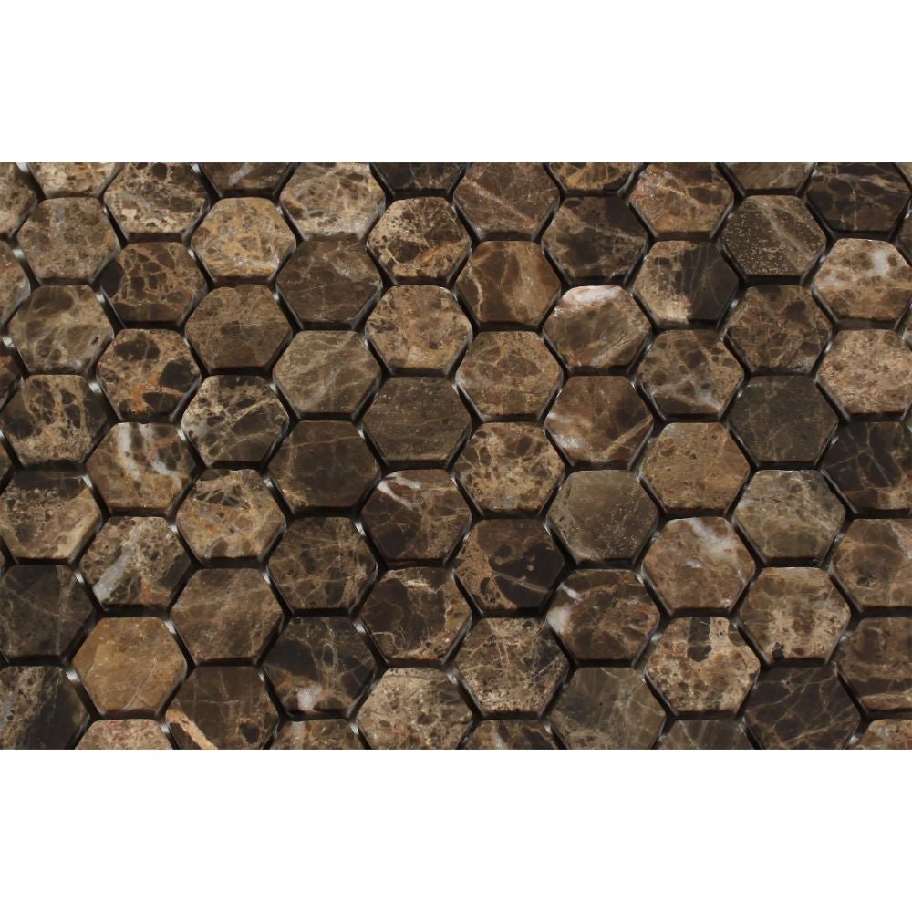 1 x 1 Tumbled Emperador Dark Marble Hexagon Mosaic Tile - Tilephile