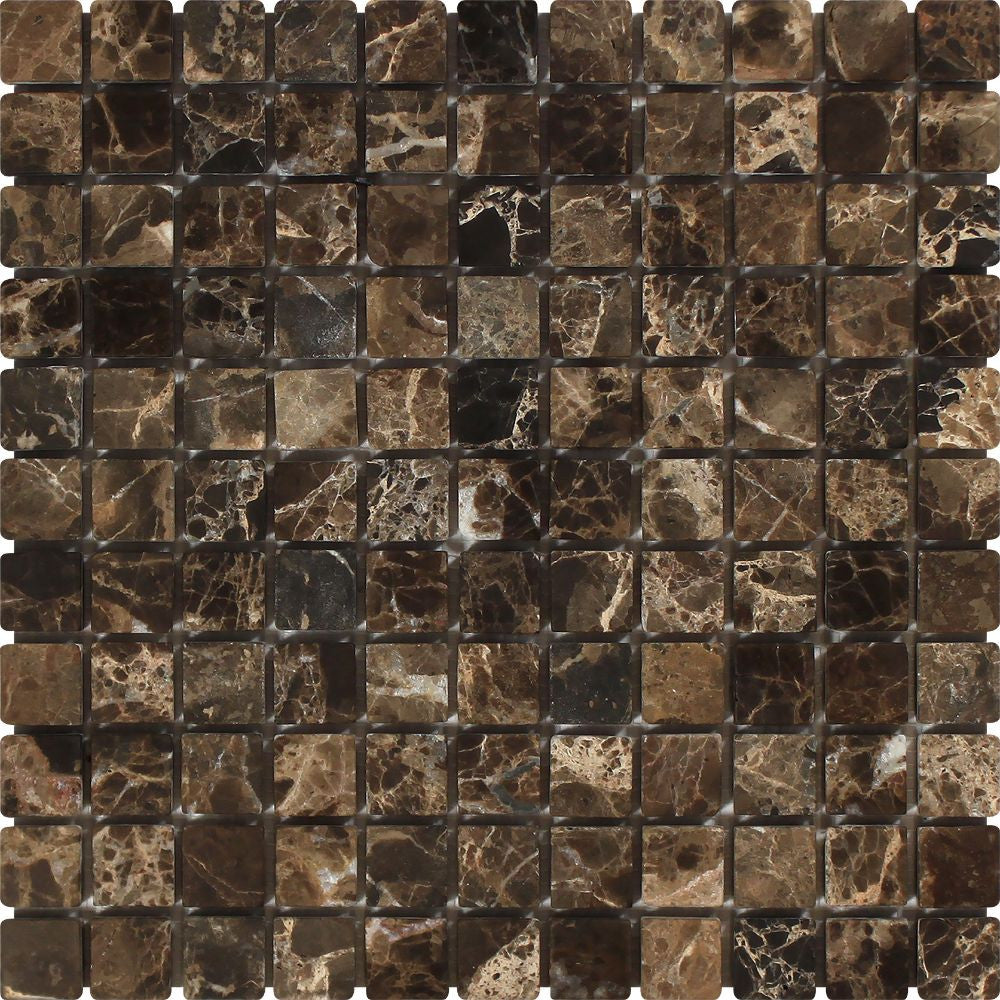 1 x 1 Tumbled Emperador Dark Marble Mosaic Tile Sample - Tilephile