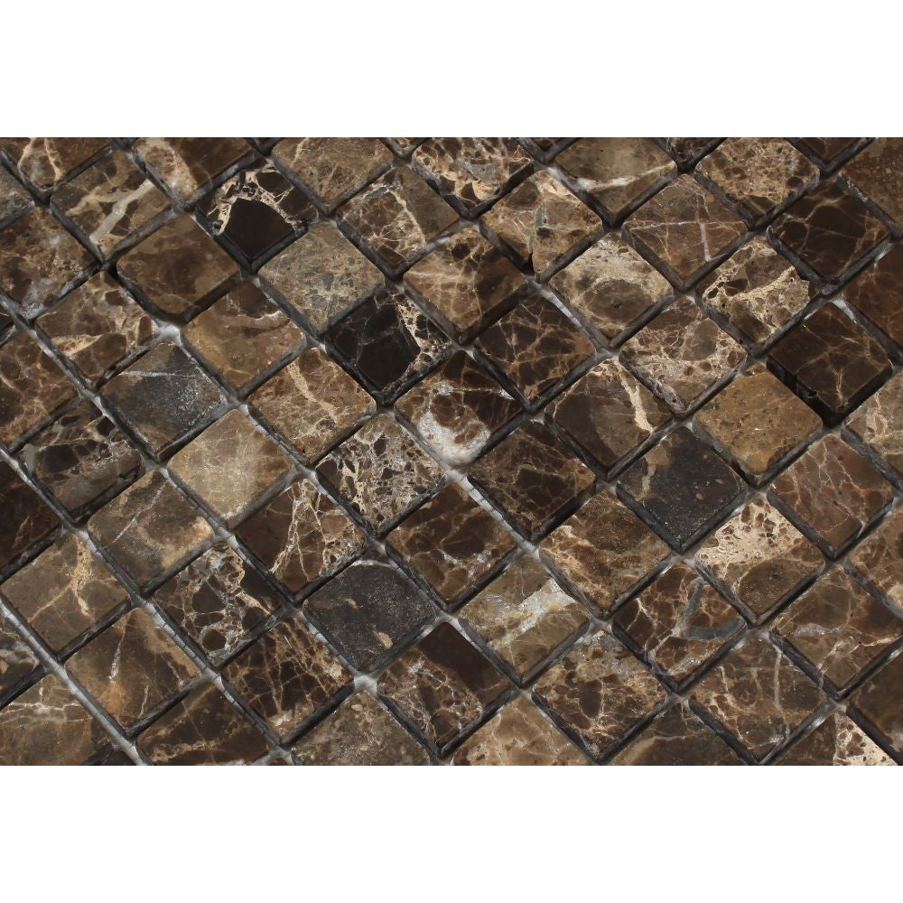 1 x 1 Tumbled Emperador Dark Marble Mosaic Tile - Tilephile