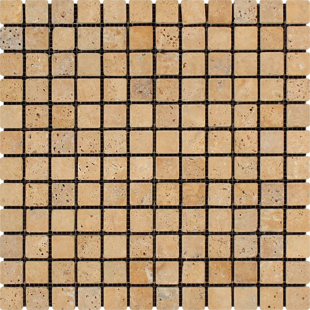 1 x 1 Tumbled Gold Travertine Mosaic Tile Sample - Tilephile