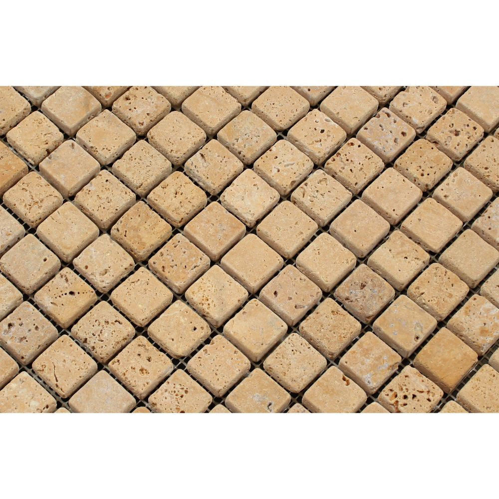 1 x 1 Tumbled Gold Travertine Mosaic Tile - Tilephile