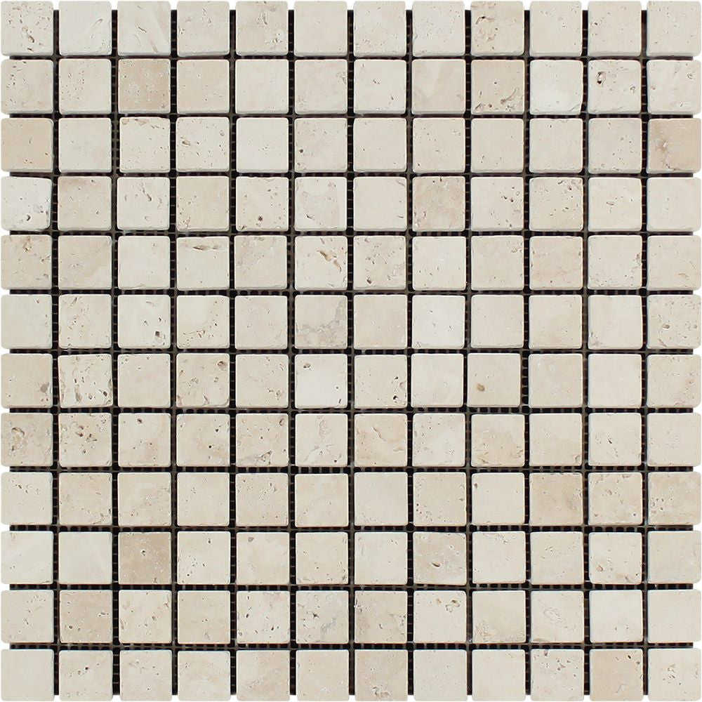 1 x 1 Tumbled Ivory Travertine Mosaic Tile Sample - Tilephile