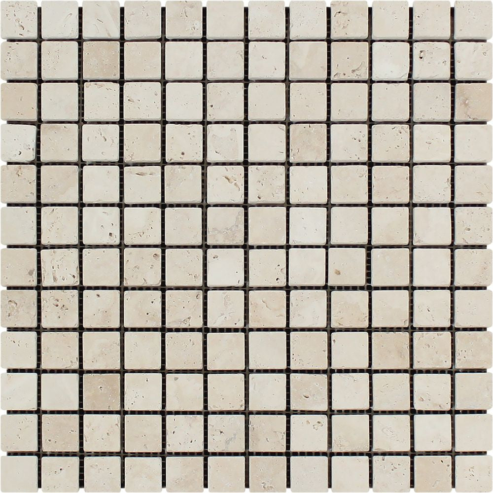 1 x 1 Tumbled Ivory Travertine Mosaic Tile - Tilephile