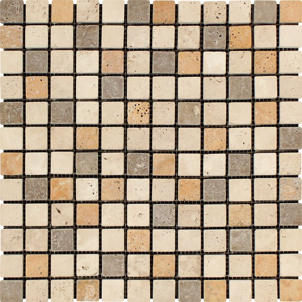 1 x 1 Tumbled Mixed Travertine Mosaic Tile (Ivory + Noce + Gold) - Tilephile
