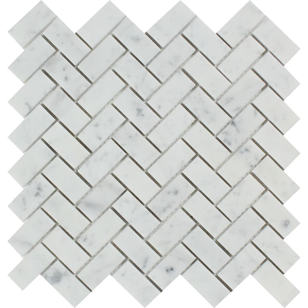 1 x 2 Honed Bianco Carrara Marble Herringbone Mosaic Tile Sample - Tilephile