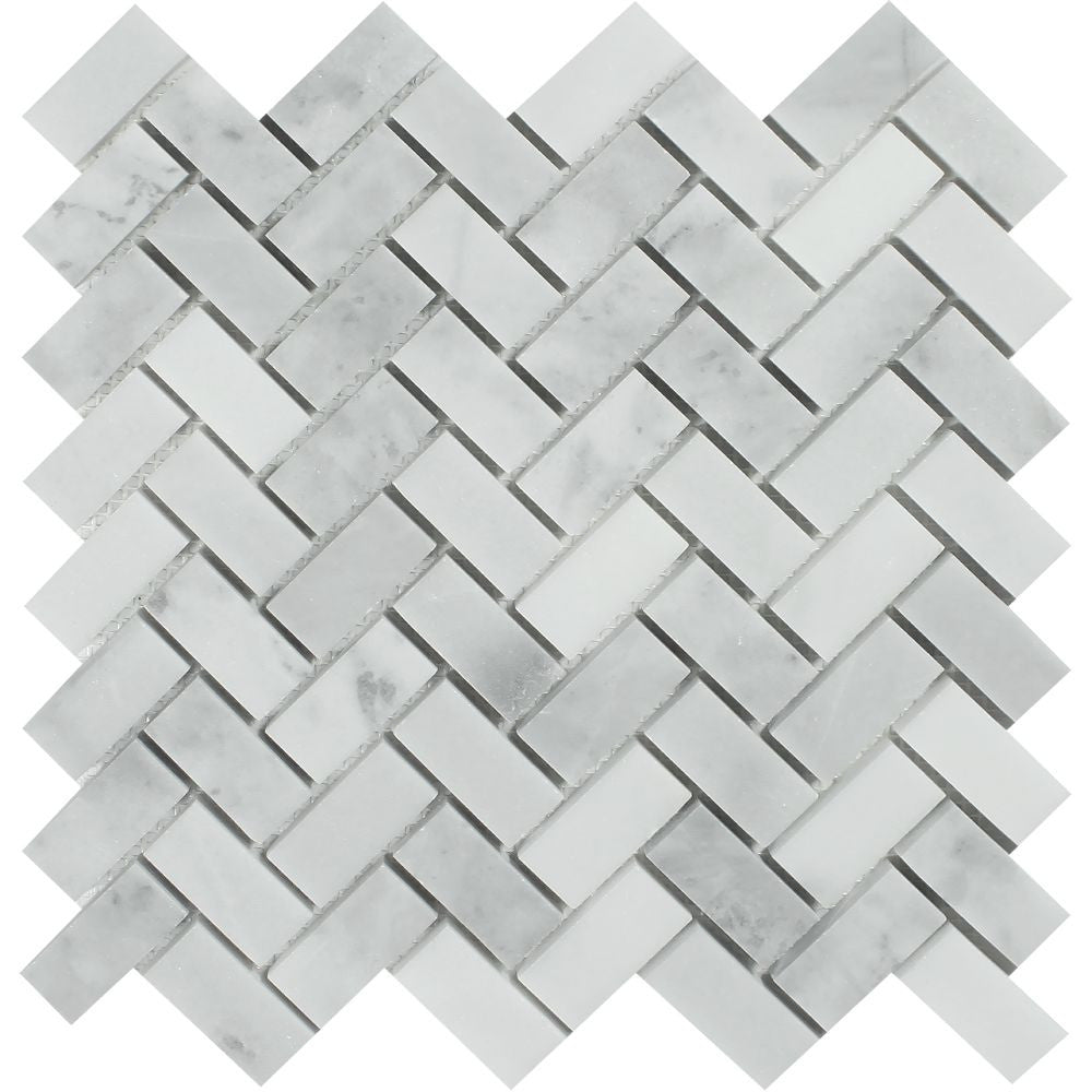 1 x 2 Honed Bianco Mare Marble Herringbone Mosaic Tile Sample - Tilephile