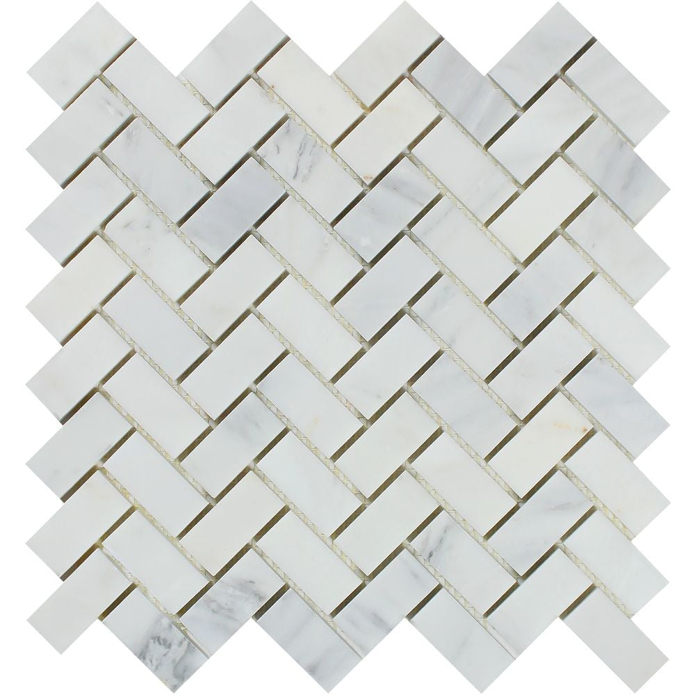 1 x 2 Honed Oriental White Marble Herringbone Mosaic Tile Sample - Tilephile