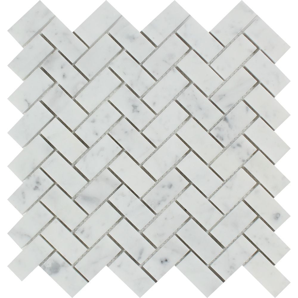 1 x 2 Polished Bianco Carrara Marble Herringbone Mosaic Tile - Tilephile