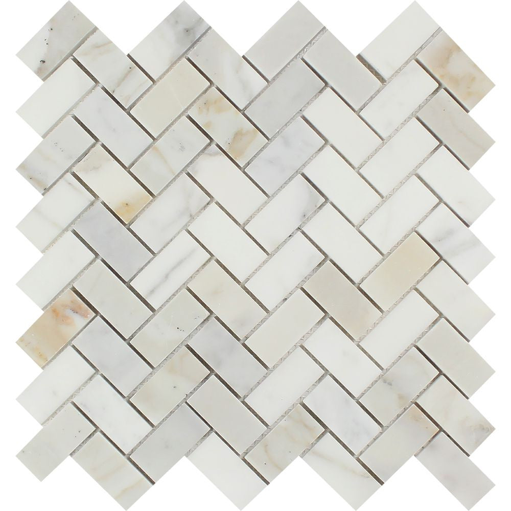 1 x 2 Polished Calacatta Gold Marble Herringbone Mosaic Tile Sample - Tilephile