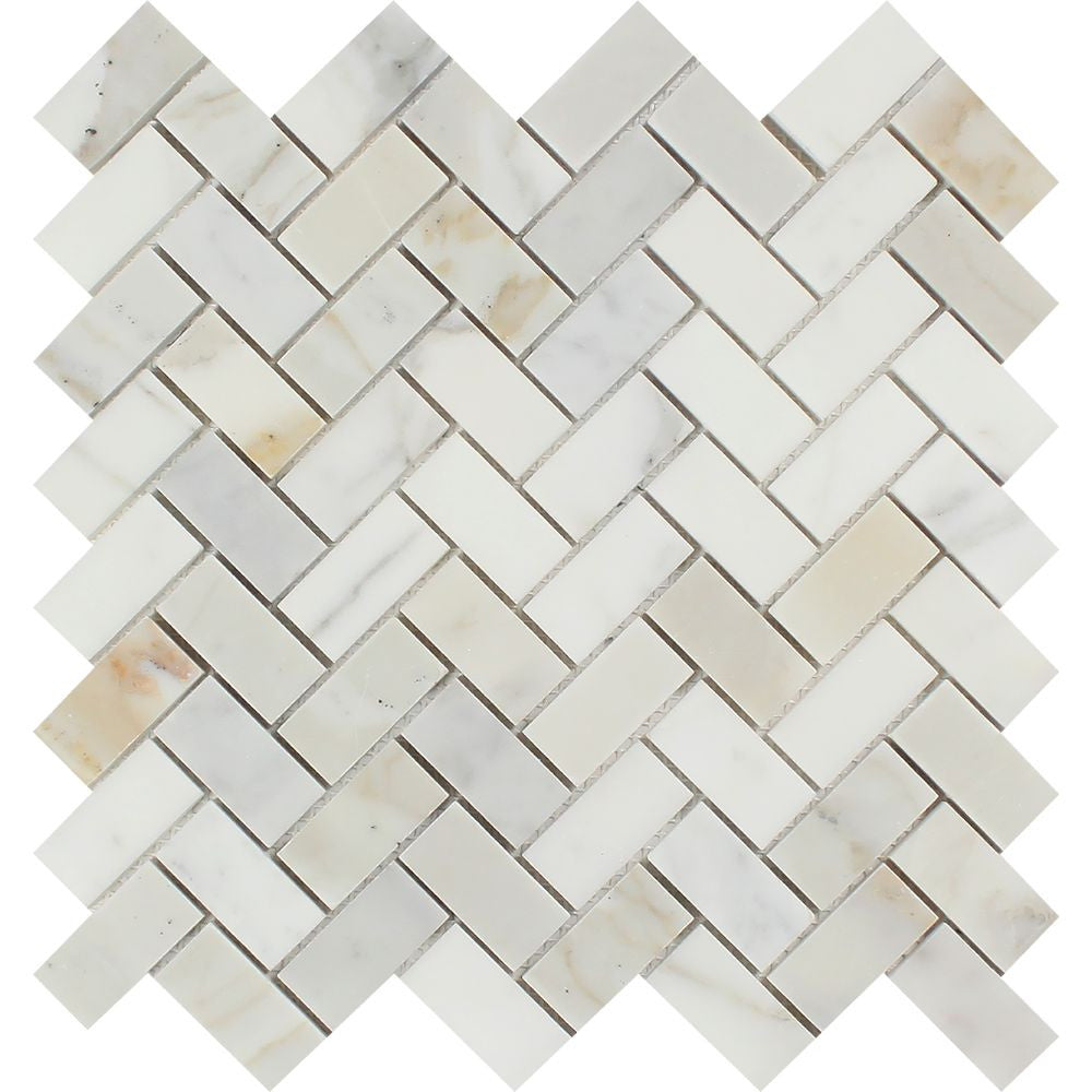 1 x 2 Polished Calacatta Gold Marble Herringbone Mosaic Tile - Tilephile