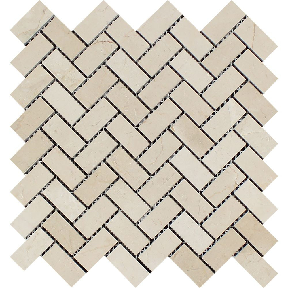 1 x 2 Polished Crema Marfil Marble Herringbone Mosaic Tile Sample - Tilephile