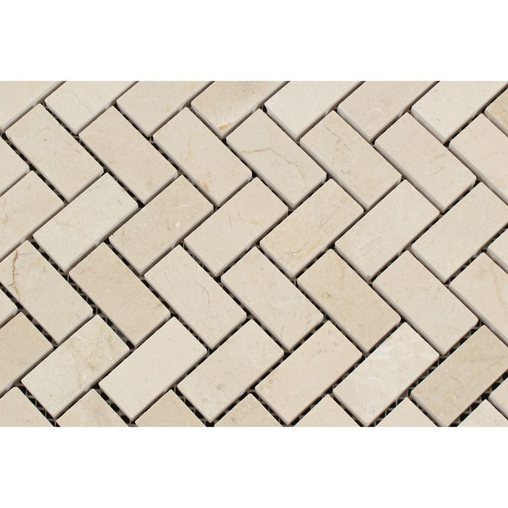 1 x 2 Polished Crema Marfil Marble Herringbone Mosaic Tile - Tilephile