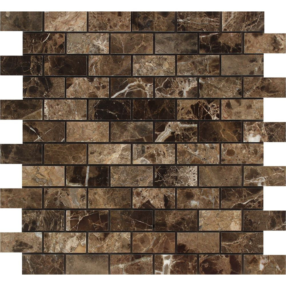 1 x 2 Polished Emperador Dark Marble Brick Mosaic Tile - Tilephile
