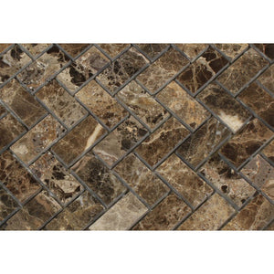 1 x 2 Polished Emperador Dark Marble Herringbone Mosaic Tile - Tilephile
