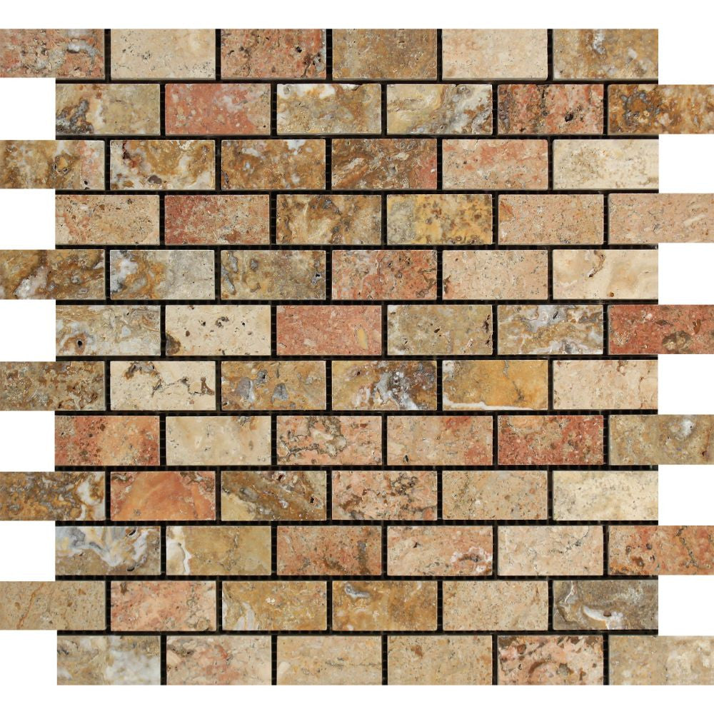 1 x 2 Polished Scabos Travertine Brick Mosaic Tile - Tilephile