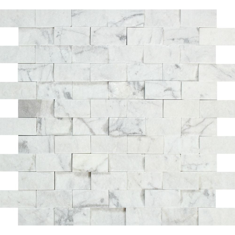 1 x 2 Split-faced Bianco Carrara Marble Brick Mosaic Tile - Tilephile