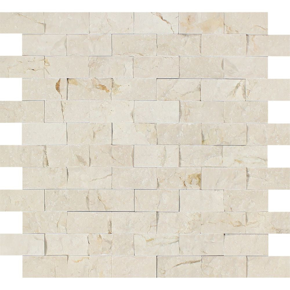 1 x 2 Split-faced Crema Marfil Marble Brick Mosaic Tile - Tilephile