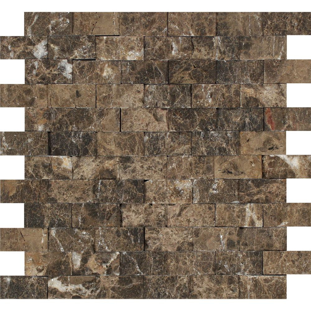 1 x 2 Split-faced Emperador Dark Marble Brick Mosaic Tile Sample - Tilephile