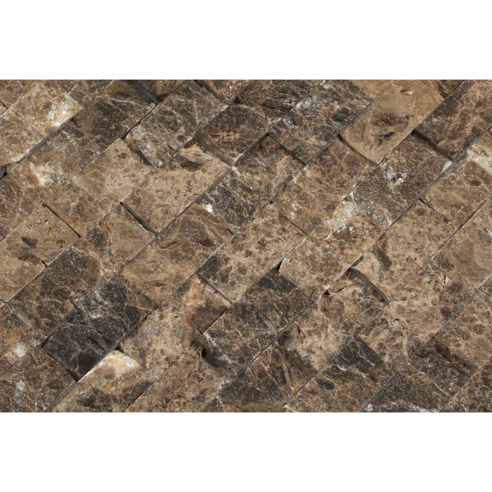 1 x 2 Split-faced Emperador Dark Marble Brick Mosaic Tile - Tilephile