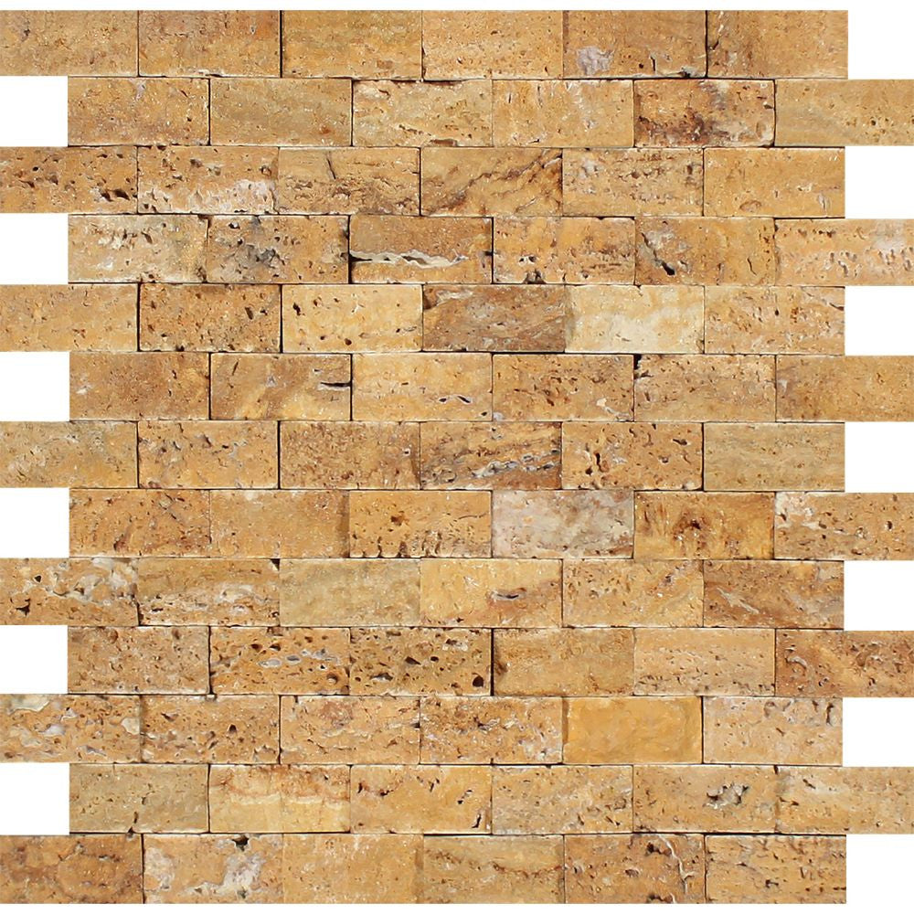 1 x 2 Split-faced Gold Travertine Brick Mosaic Sample - Tilephile