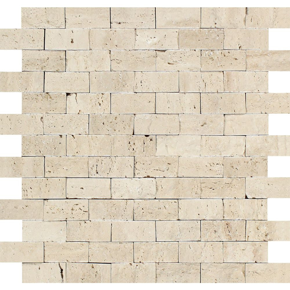 1 x 2 Split-faced Ivory Travertine Brick Mosaic Tile Sample - Tilephile