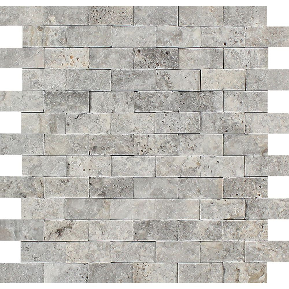 1 x 2 Split-faced Silver Travertine Brick Mosaic Tile Sample - Tilephile