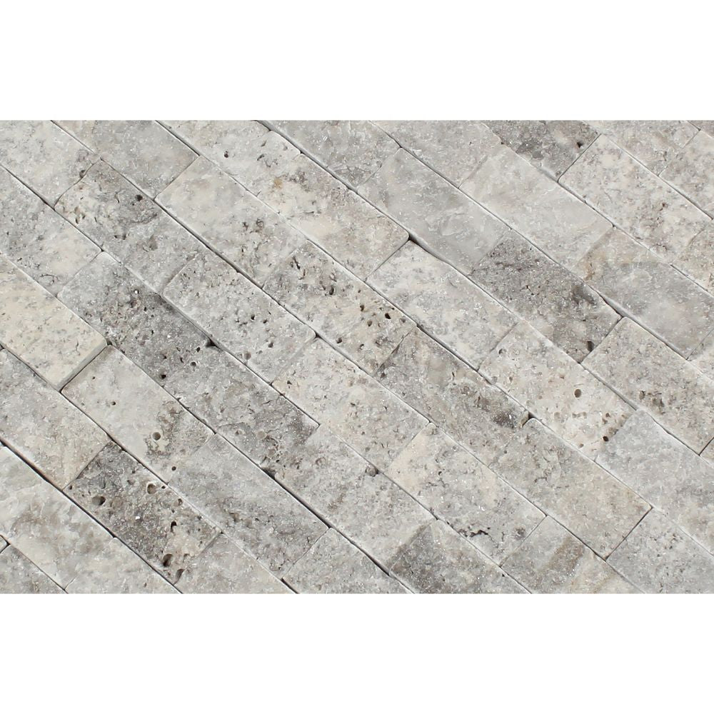 1 x 2 Split-faced Silver Travertine Brick Mosaic Tile - Tilephile
